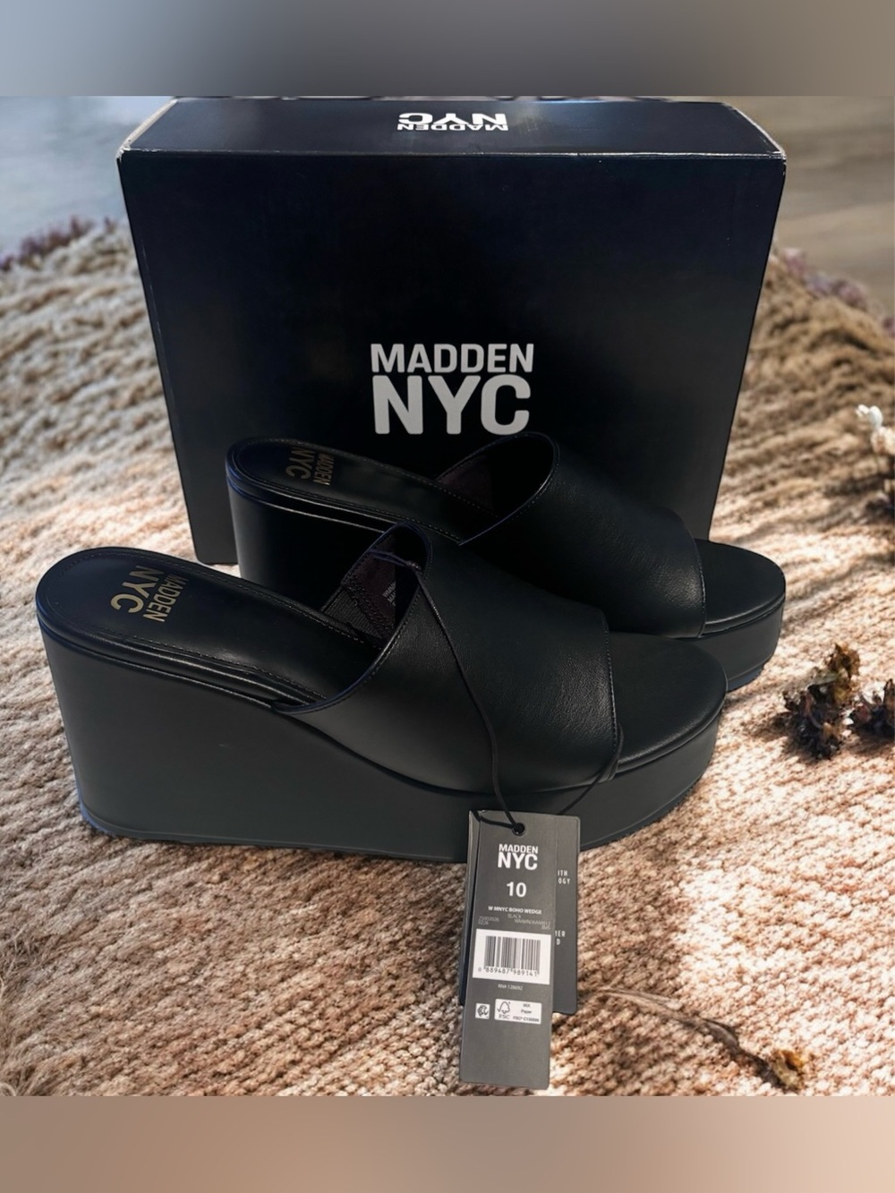 Madden NYC Black Platform Boho Wedge Slide on Sandals - Women's 10
